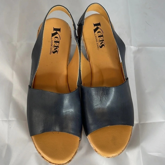 KORK-EASE Cork Wedge Sling-backs Navy Blue Leather Platform Open Toe Size 10 - Picture 9 of 13